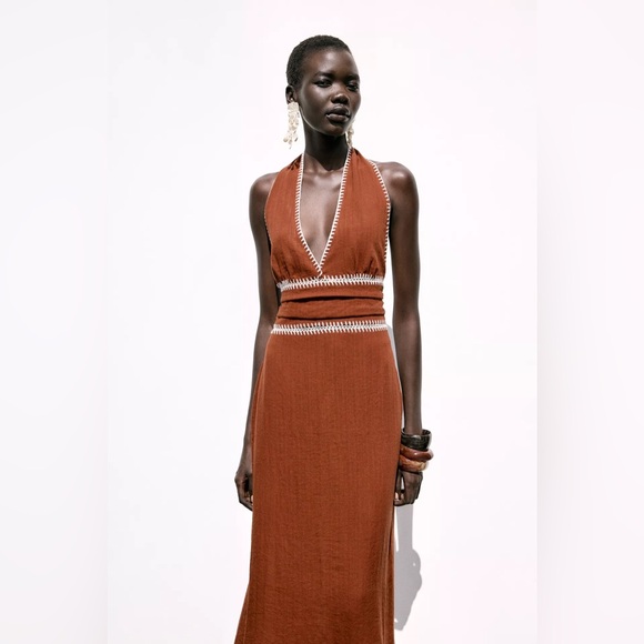 Zara Terracotta Embroidered Midi Dress - Picture 11 of 15